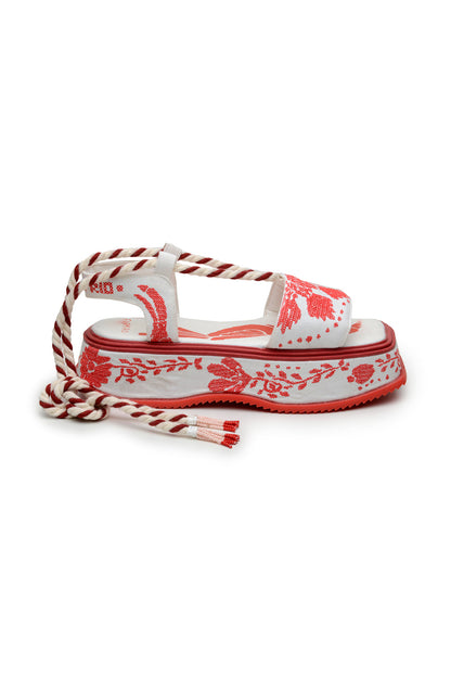 Red Embroidery Flatform Sandal