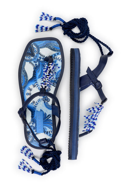 Blue Tile Beaded Flat Sandals