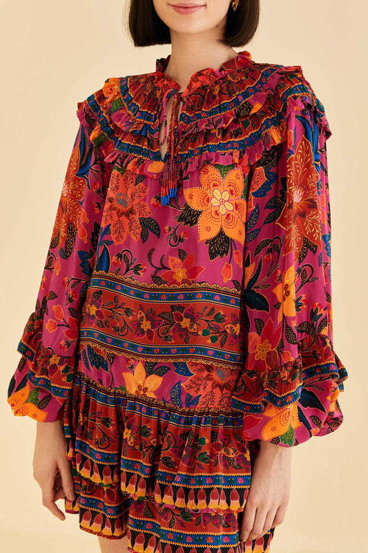 Pink Tropical Tapestry Long Sleeve Blouse