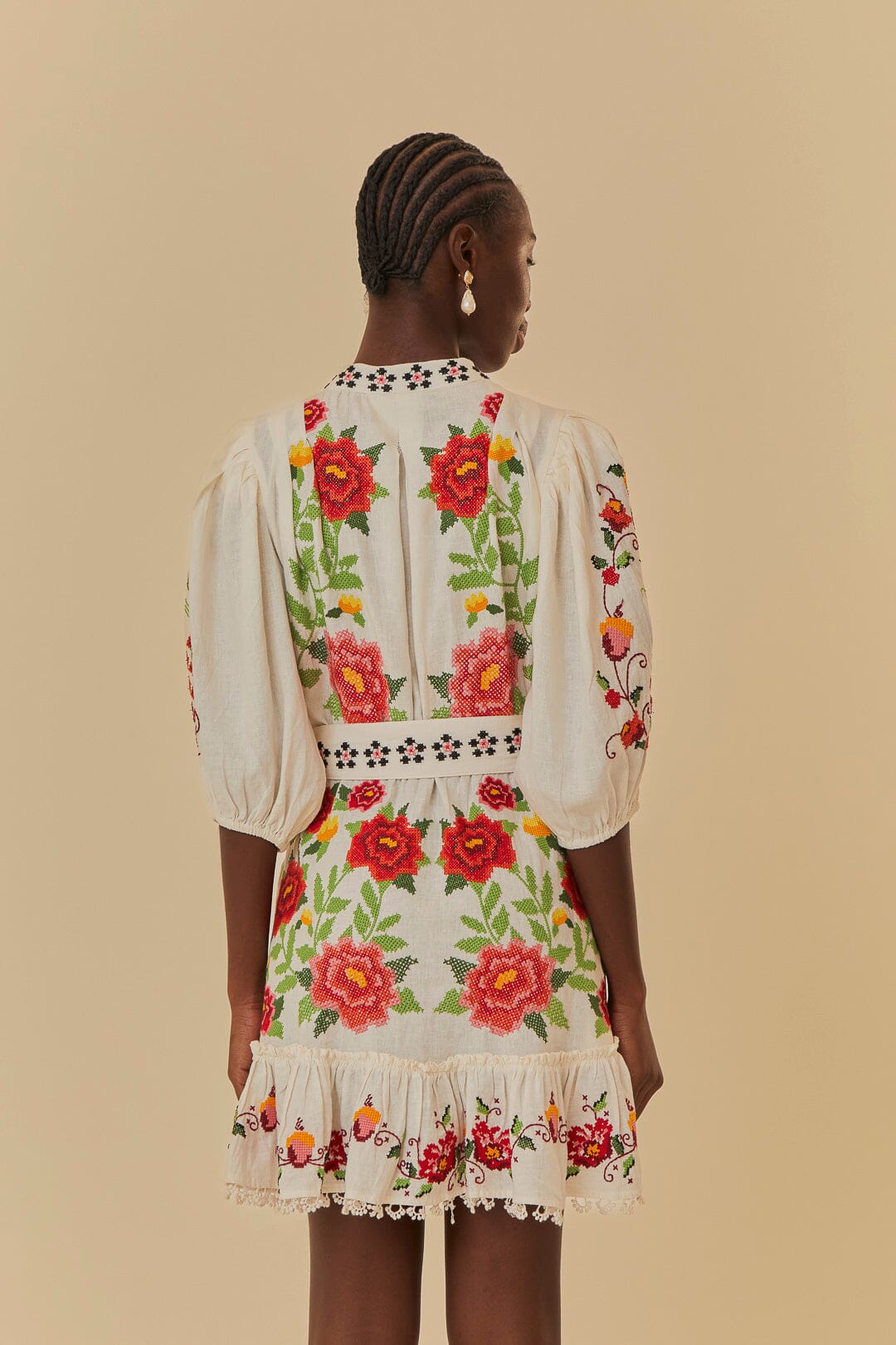 Off-White Embroidered Carmina Floral Short Sleeve Mini Dress