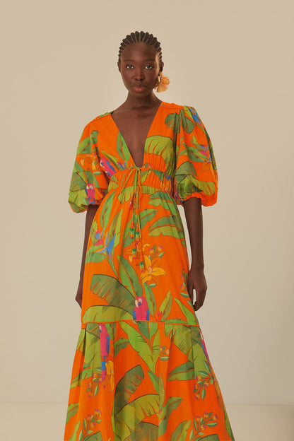 Orange Fresh Macaws Midi Dress