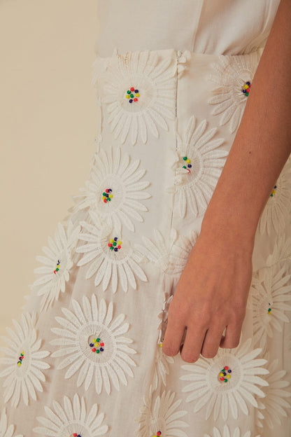 White Daisy 3D Flower Embroidered Maxi Skirt