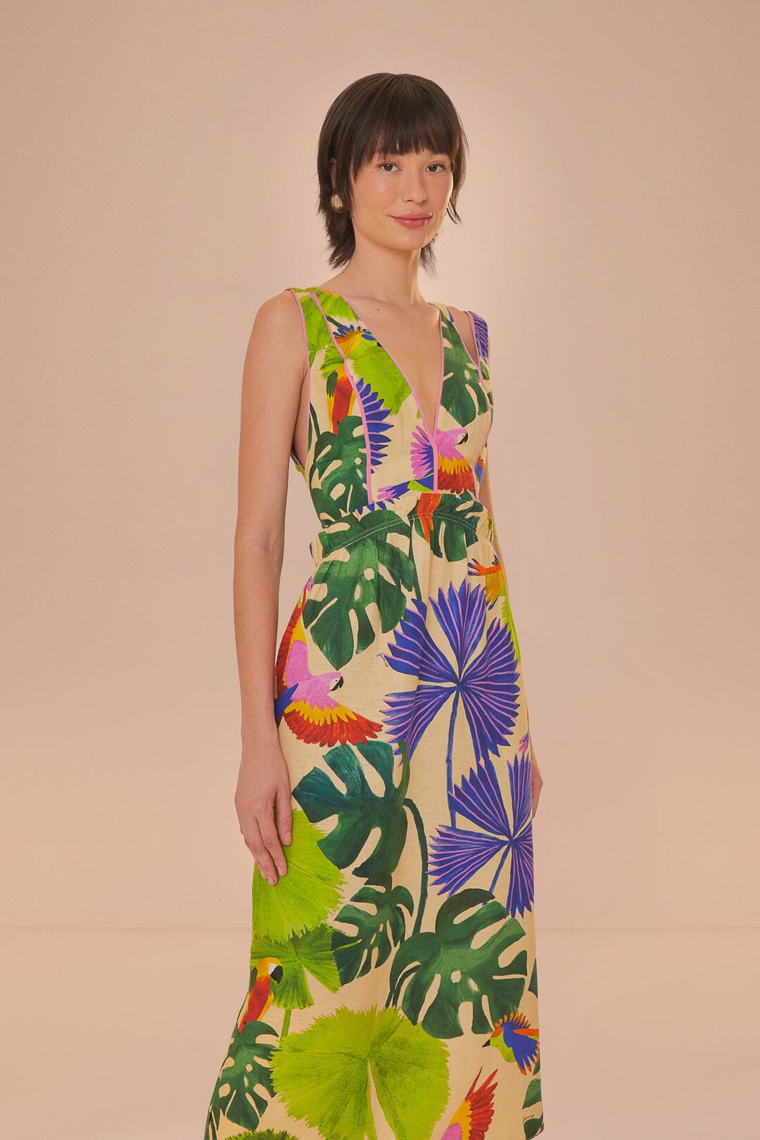 Sand Macaw Jungle V Neck Midi Dress