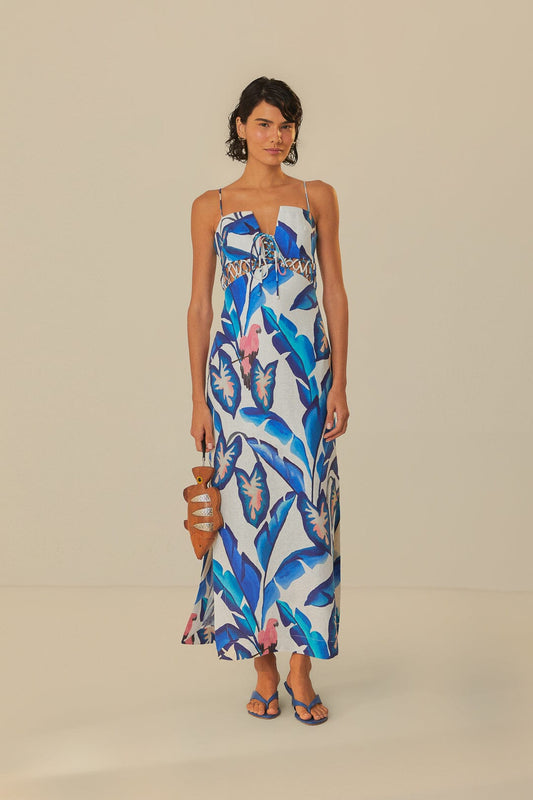 Off-White Blue Foliage Maxi Dress