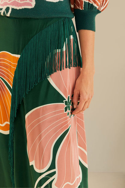 Green Honolulu Flowers Fringe Maxi Skirt