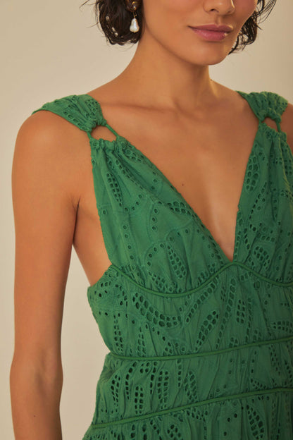 Green Monstera Corset Eyelet Maxi Dress