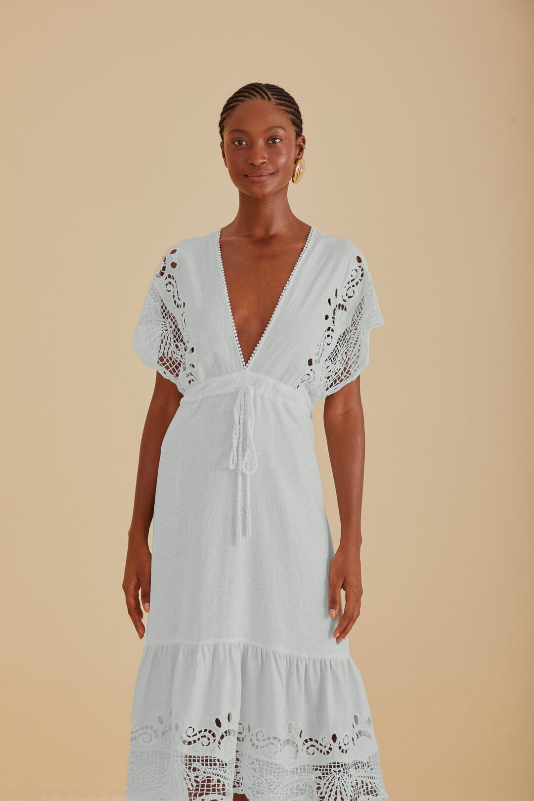 Off-White Embroidered Guipure Euroflax Premium Linen Midi Dress