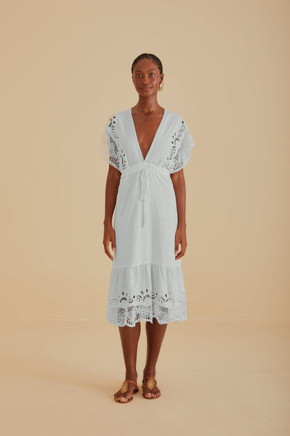 Off-White Embroidered Guipure Euroflax Premium Linen Midi Dress