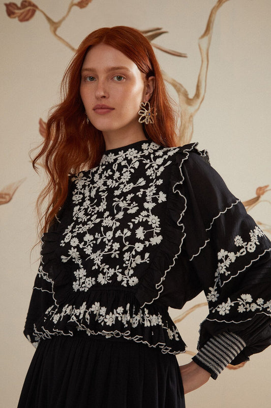 Black Embroidered Ruffle Longe Sleeve Blouse