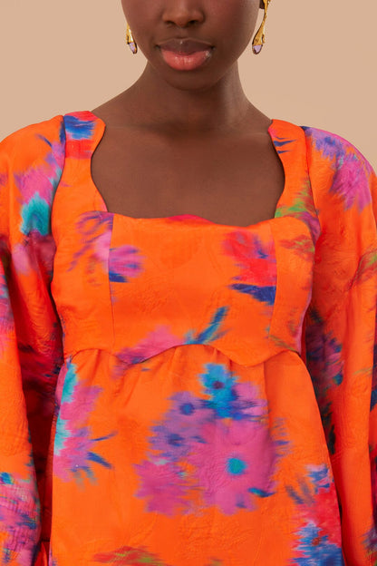 Orange Bouquet Ikat Brocade Mini Dress