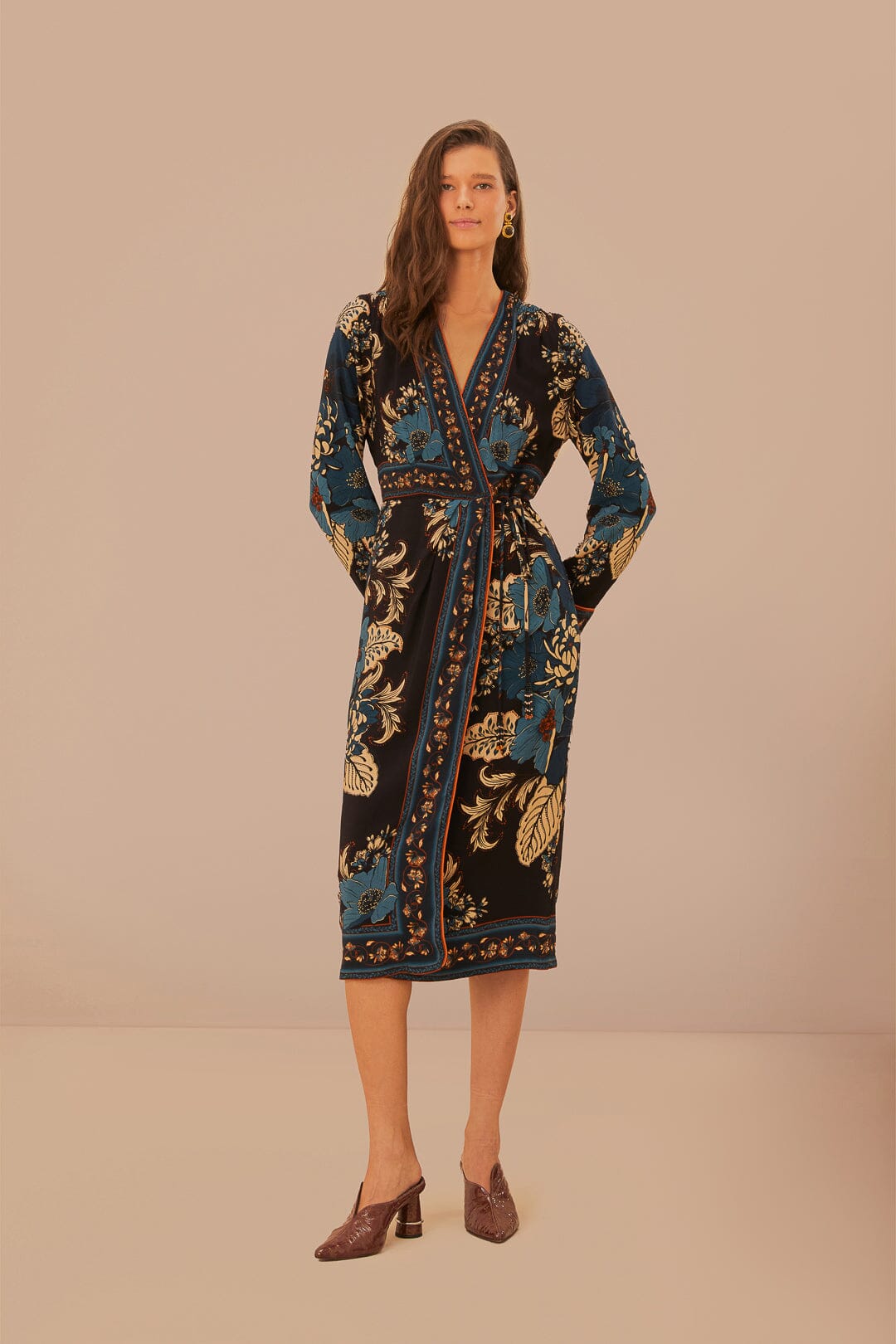 Black Blossom Tapestry LENZING ECOVERO Viscose Midi Wrap Dress