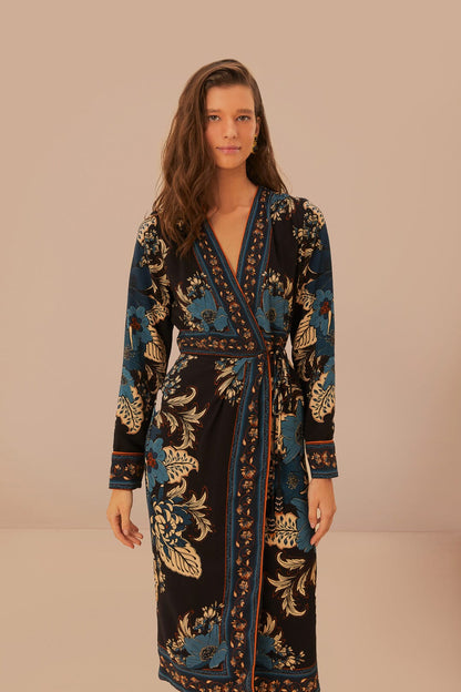 Black Blossom Tapestry LENZING ECOVERO Viscose Midi Wrap Dress