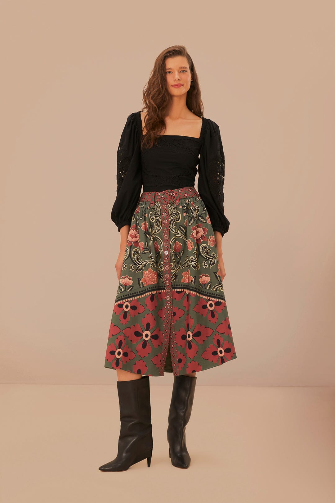 Arabesque Floral Green Buttons Midi Skirt