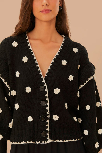 Black And White Flowers Knit Cardigan