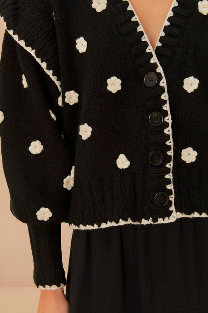 Black And White Flowers Knit Cardigan