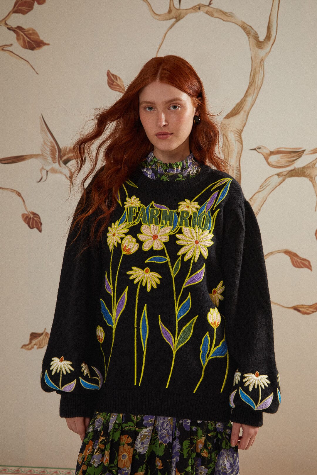 Black Farm R Flowers Embroidered Knit Sweater