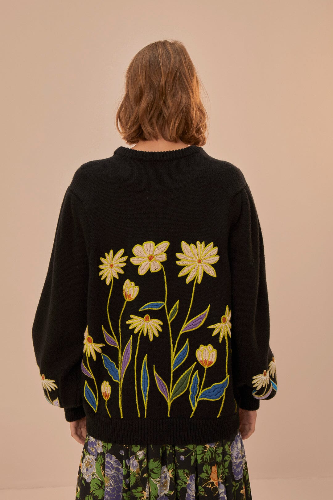 Black Farm R Flowers Embroidered Knit Sweater