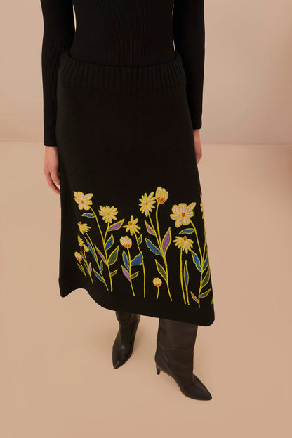 Black Farm R Flowers Embroidered Knit Skirt