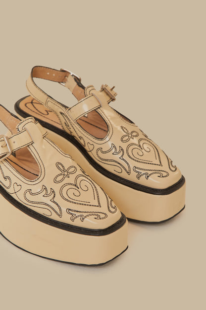 Ivory T-Strap Embroidered Flatform