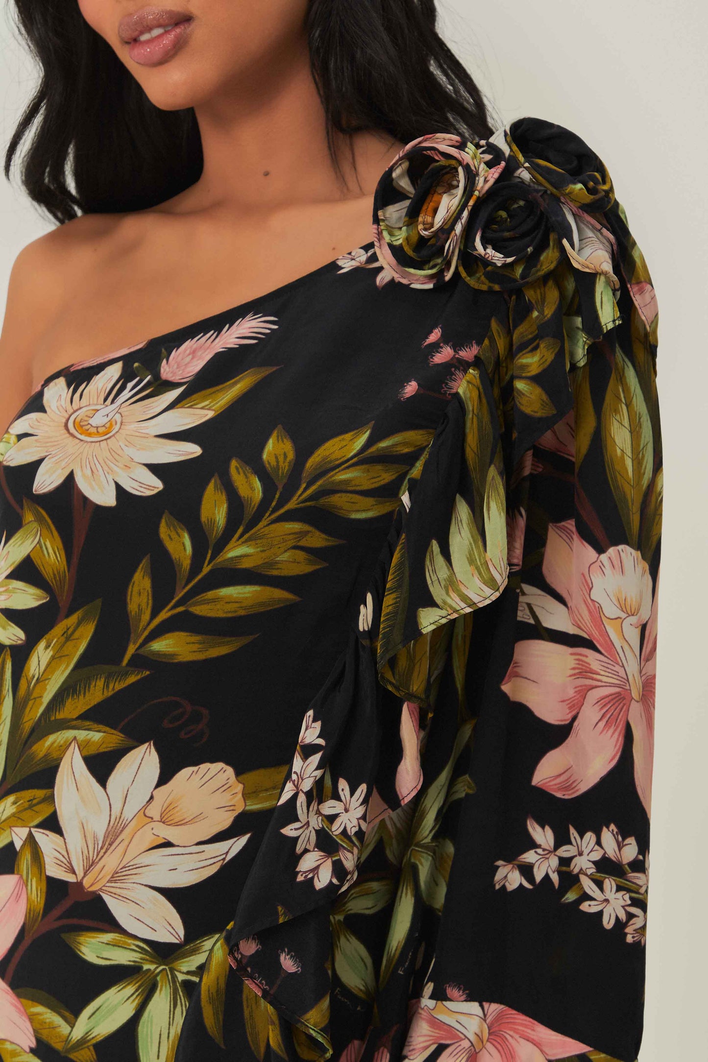 Black Surreal Flowers One-Shoulder Maxi Dress