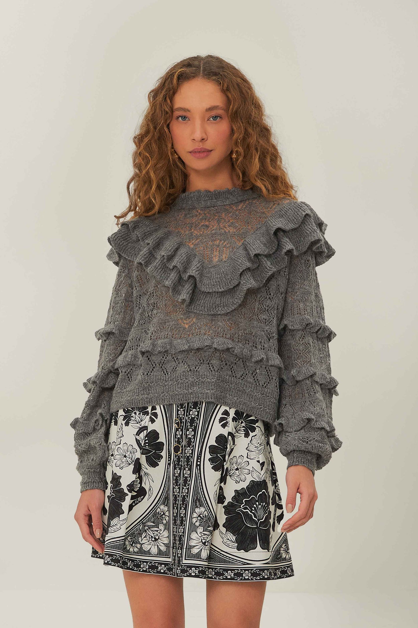 Grey Ruffles Knit Sweater