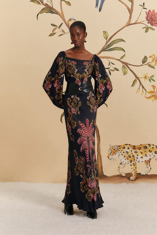 Black Ravenala puff Sleeve Maxi Dress