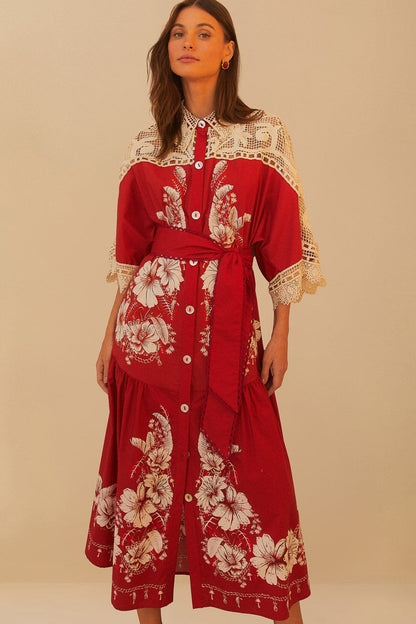 Red Floral Chains Guipure Midi Dress