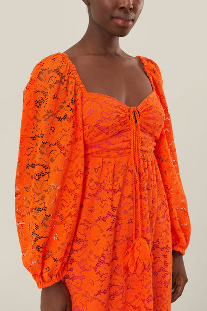 Orange Lace Long Sleeve Midi Dress