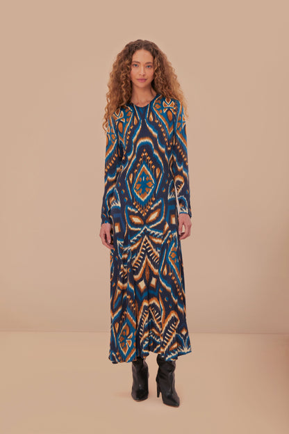 Blue Pineapple Ikat LENZING ECOVERO Viscose Maxi Dress