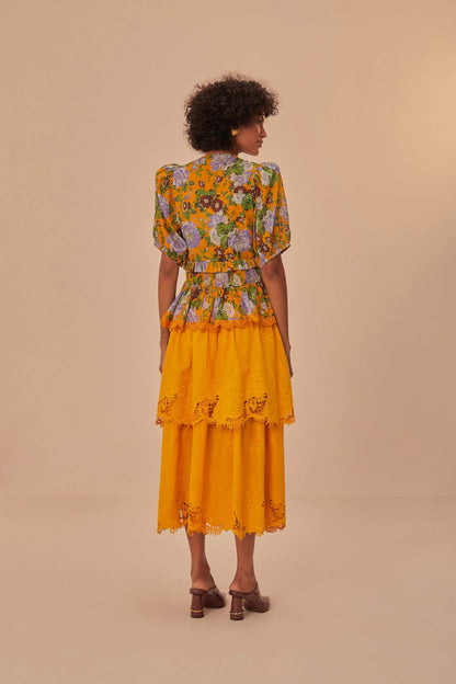 Yellow Mustard Tiered Lace Midi Skirt