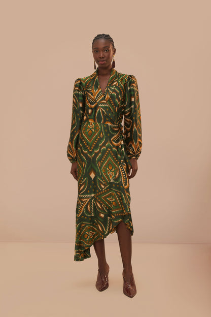 Green Pineapple Ikat Long Sleeve Midi Dress