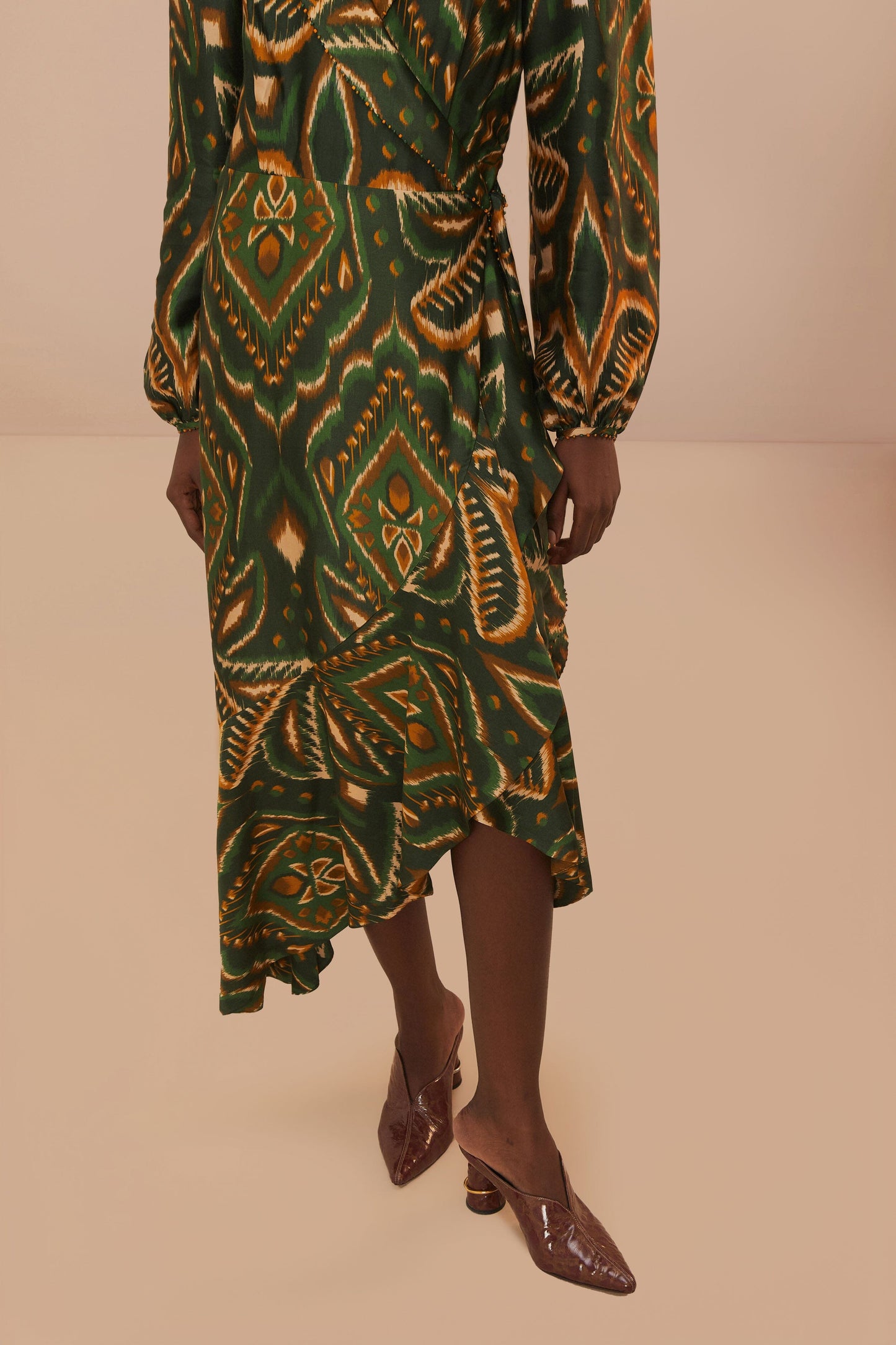 Green Pineapple Ikat Long Sleeve Midi Dress