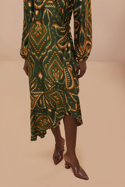 Green Pineapple Ikat Long Sleeve Midi Dress