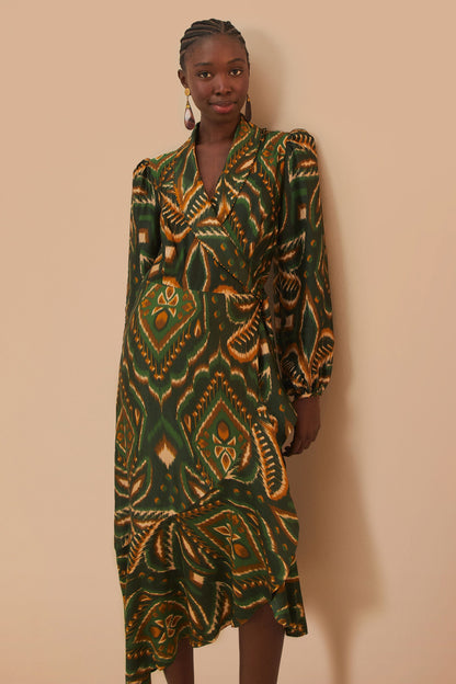 Green Pineapple Ikat Long Sleeve Midi Dress