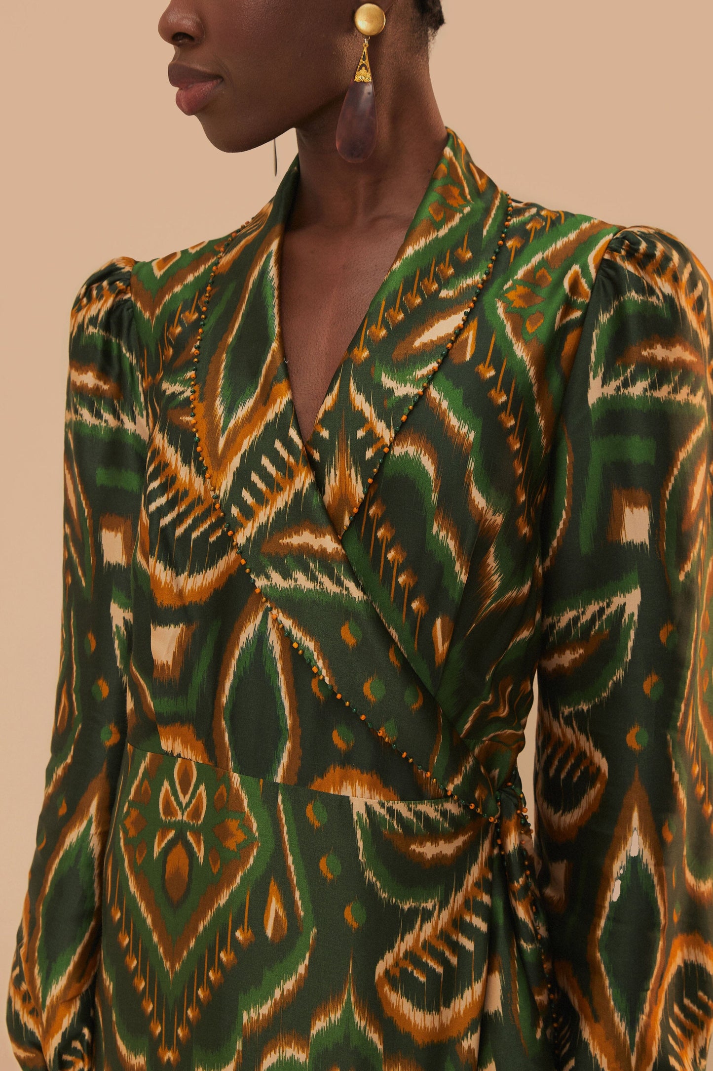 Green Pineapple Ikat Long Sleeve Midi Dress