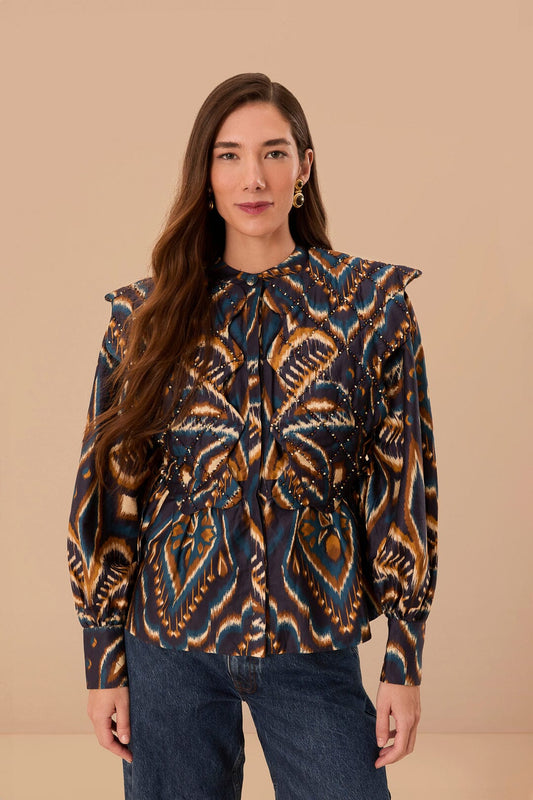 Blue Pineapple Ikat Long Sleeve Matelasse Blouse