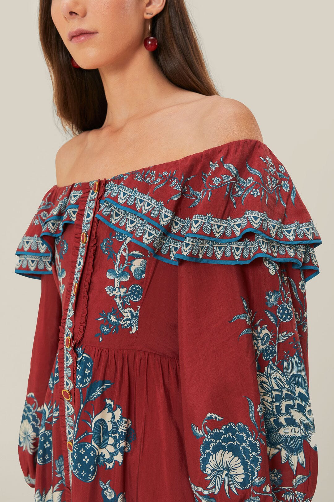 Red Tropical Landing Off Shoulder Maxi Dress