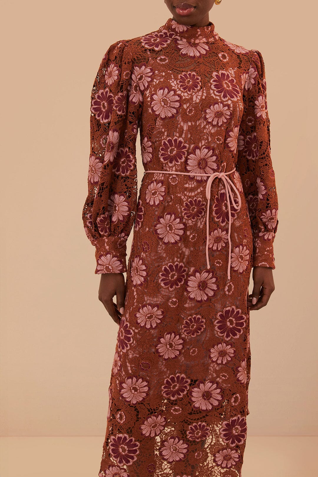 Brown Gigi Tapestry Guipure Midi Dress