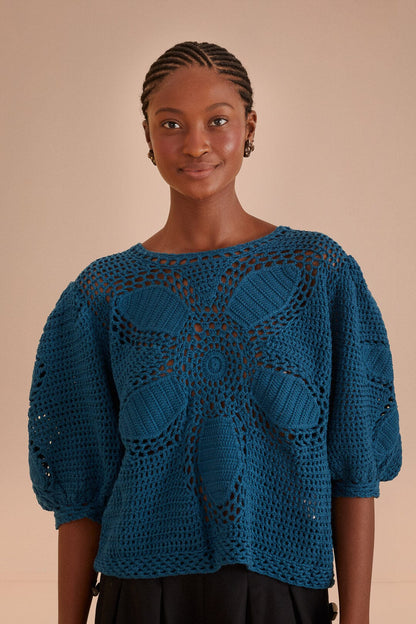 Teal Flower Draw Crochet Blouse