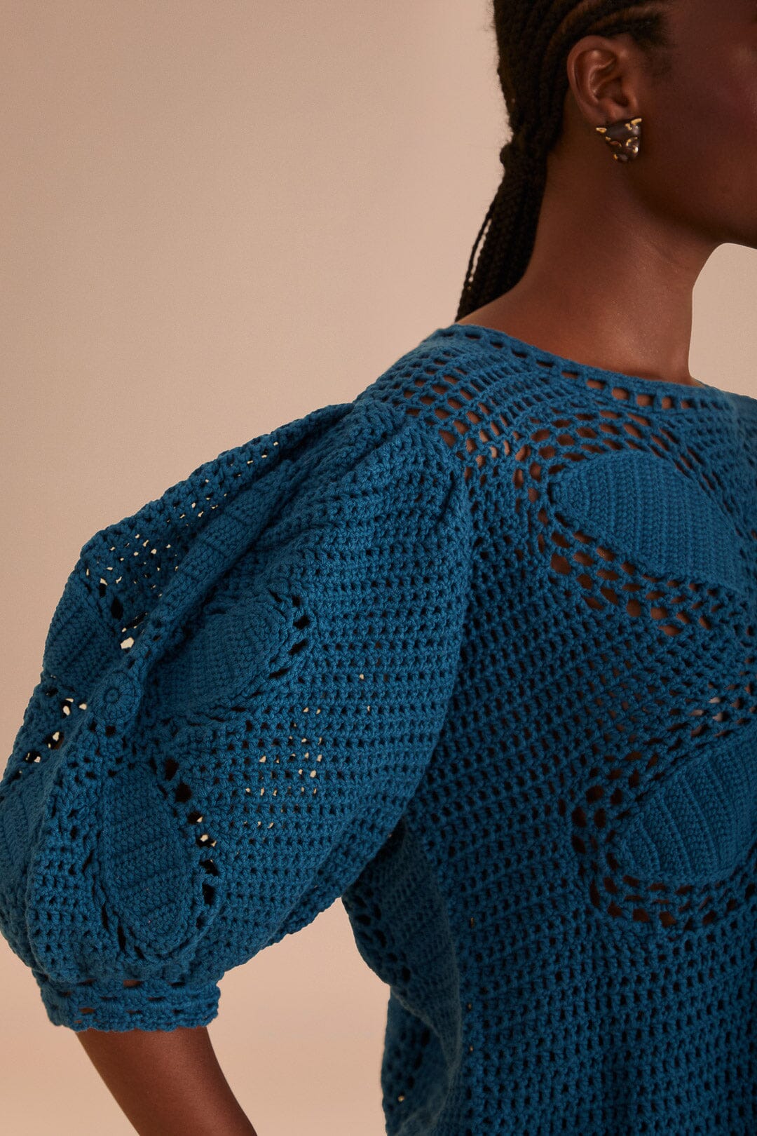 Teal Flower Draw Crochet Blouse