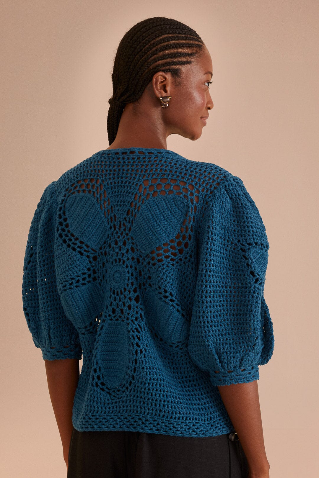 Teal Flower Draw Crochet Blouse