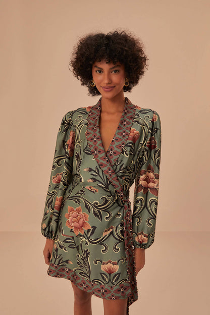 Arabesque Floral Green Long Sleeve Mini Dress