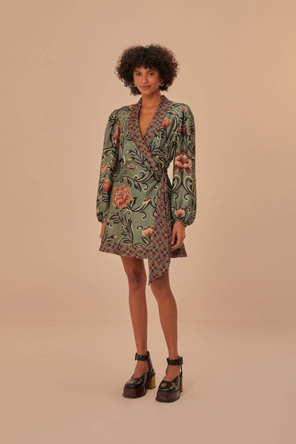 Arabesque Floral Green Long Sleeve Mini Dress