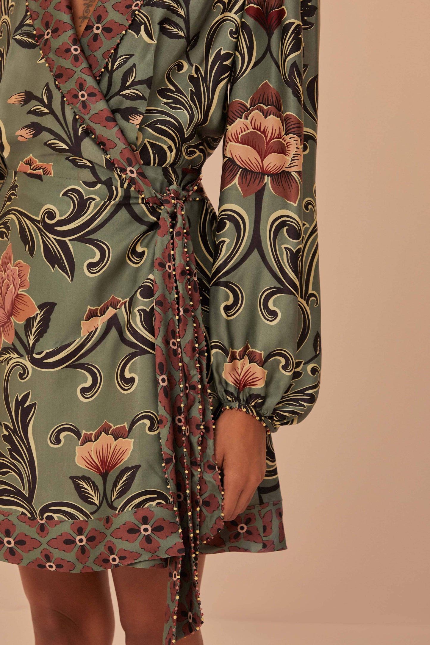 Arabesque Floral Green Long Sleeve Mini Dress