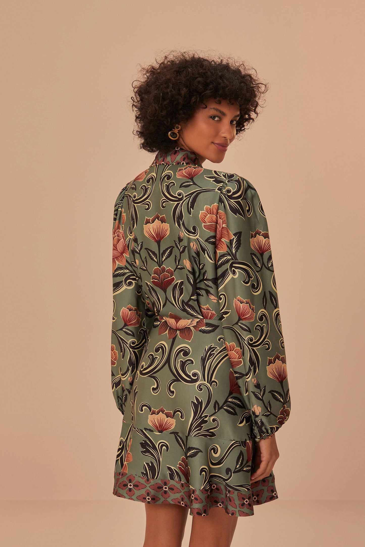 Arabesque Floral Green Long Sleeve Mini Dress