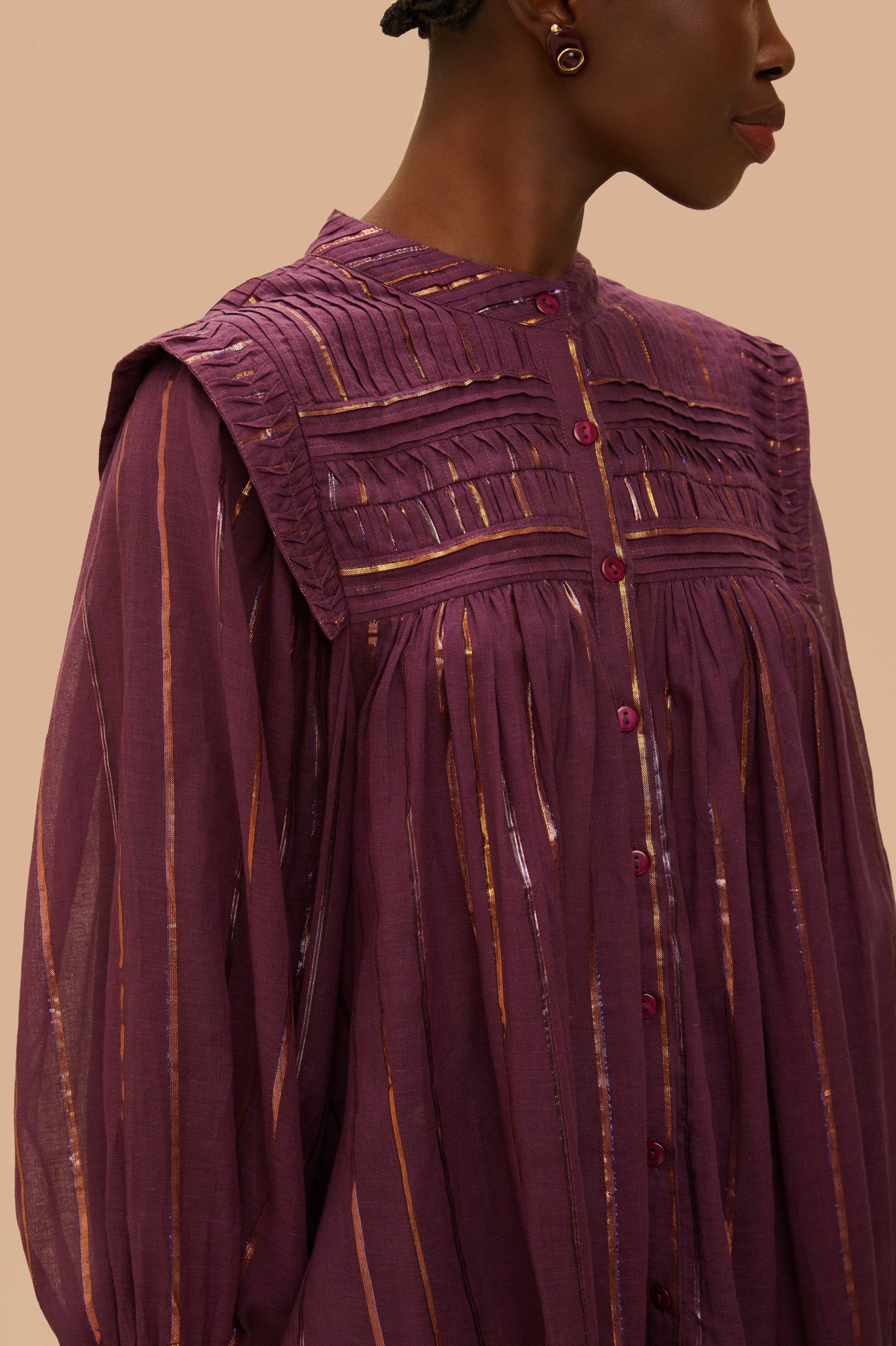 Burgundy Pleated Yoke Long Sleeve Blouse