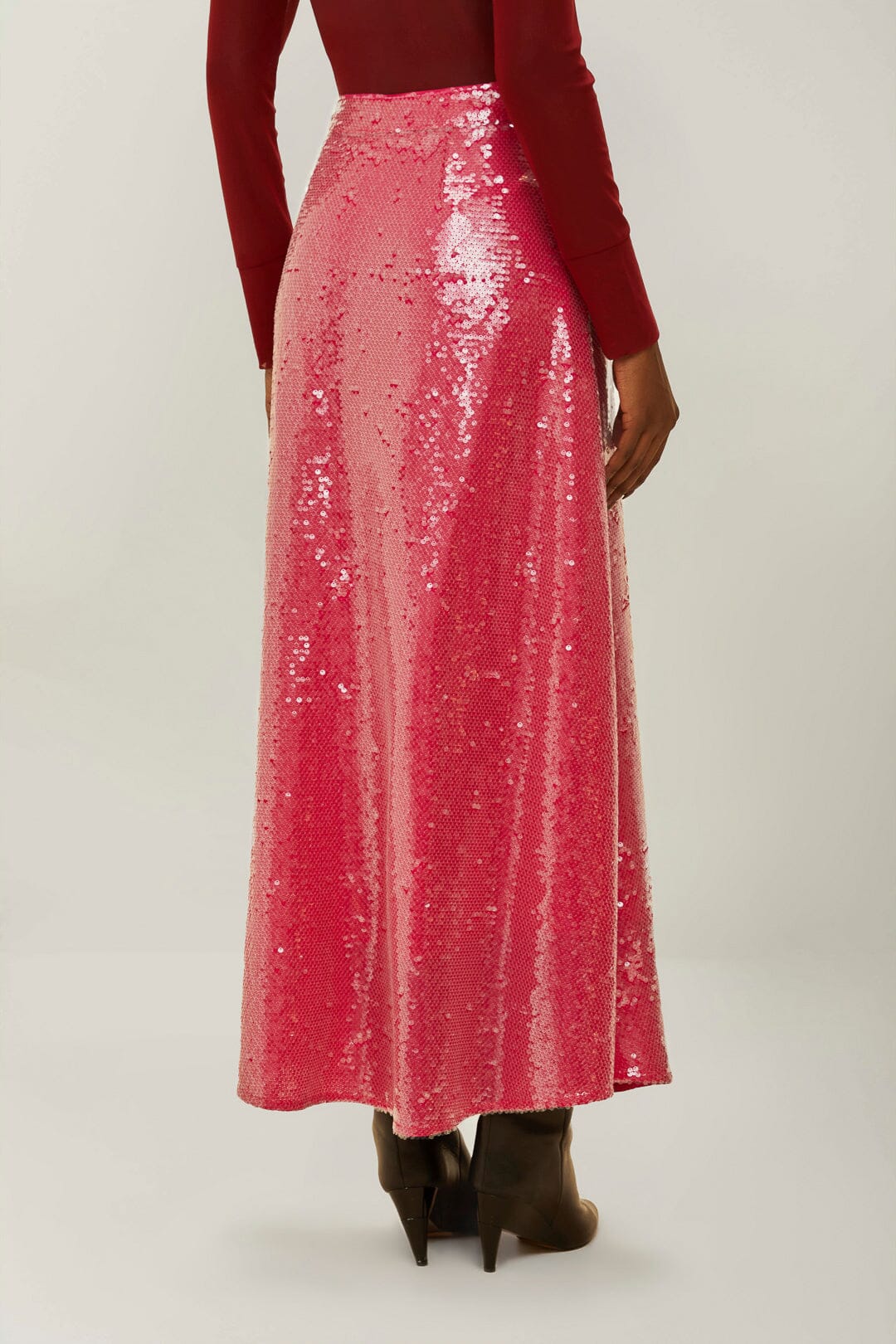 Pink Anthurium Flowers Sequins Midi Skirt