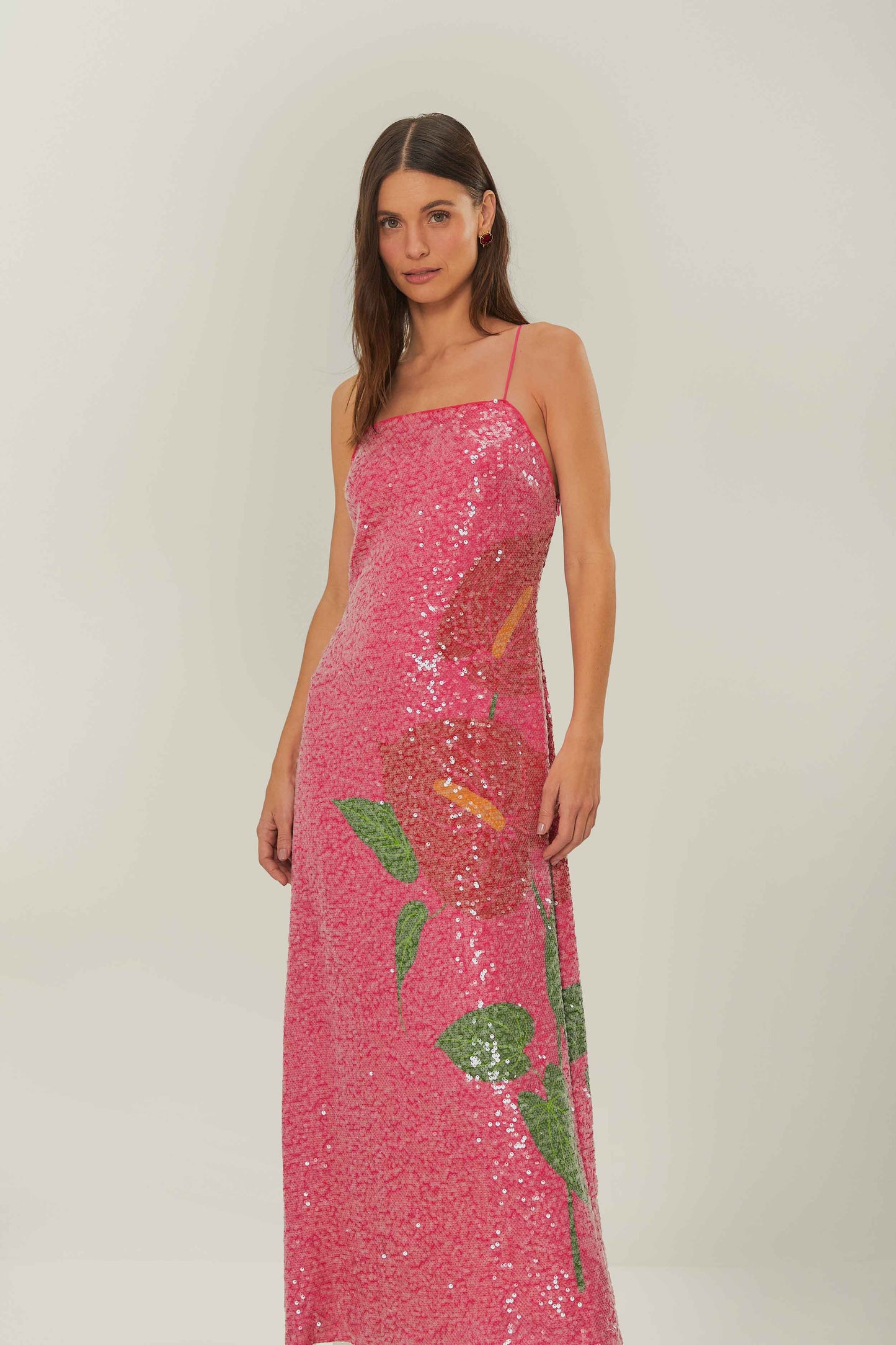 Pink Anthurium Flowers Slip Maxi Dress