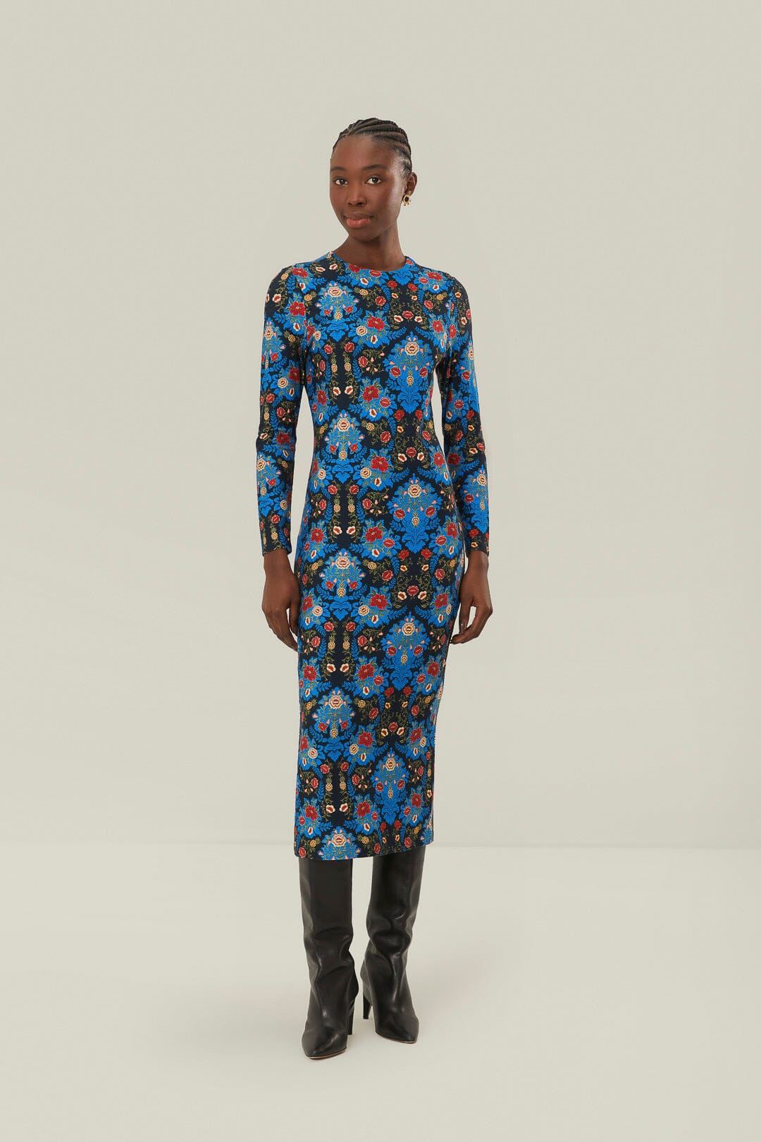 Blue Arabesque Floral Jersey LENZING ECOVERO Midi Dress